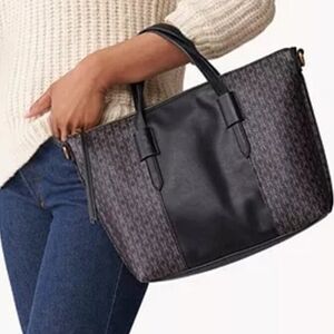 💠Fossil Skylar Satchel Bag Black Brown Signature Faux Leather Crossbody Bag